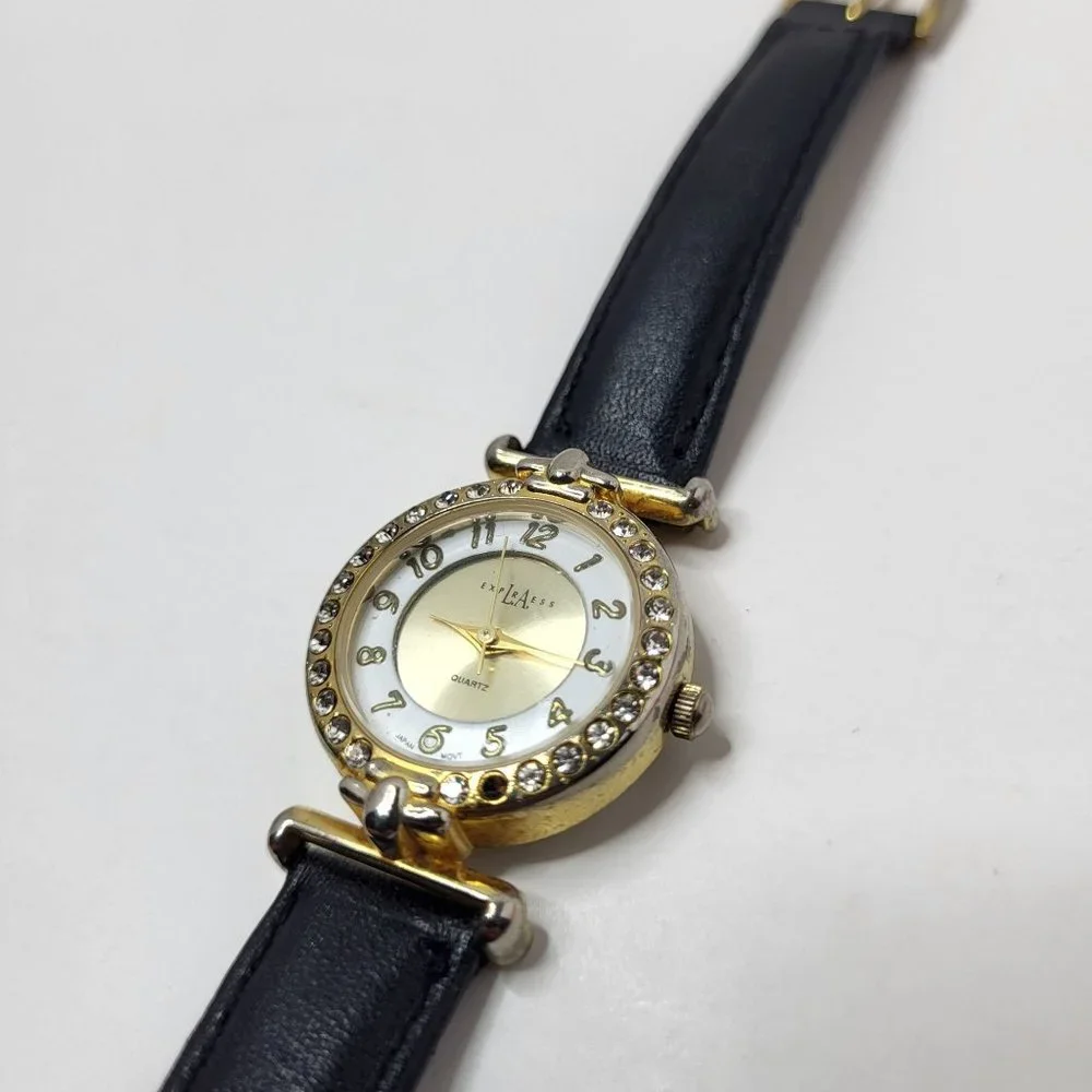 LA Express Watch Women Gold Stainless Steel Batt Black Leather‎ Band Quartz